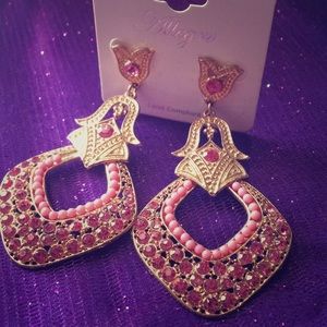 Allegro Gold,pink faux diamond,pearl drop earrings